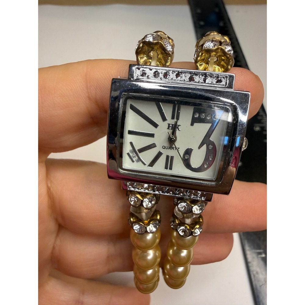 HK Quartz Faux Pearl Stretch Bracelet Watch Rhinestone Accents Silver Tone